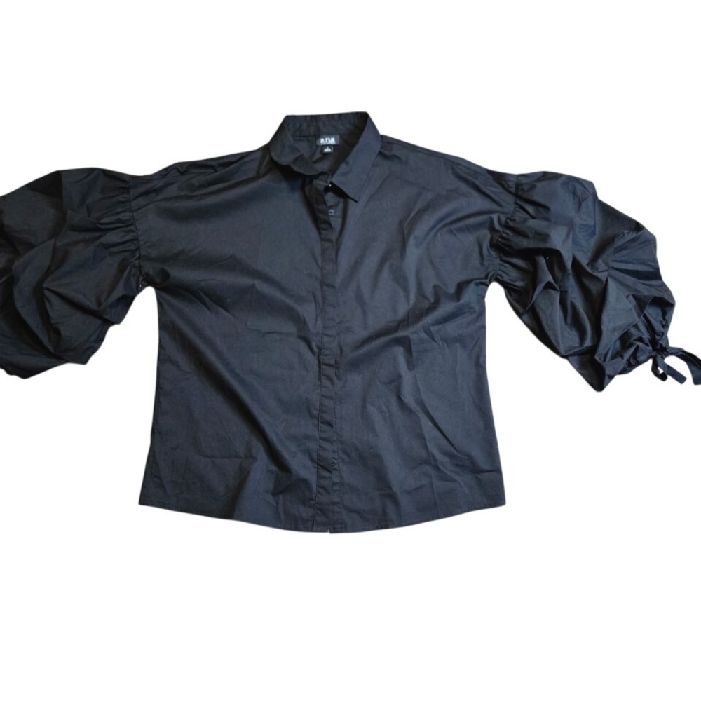 A.N.A‎  Black Big Puff Sleeves Button Down Shirt Women's Size L